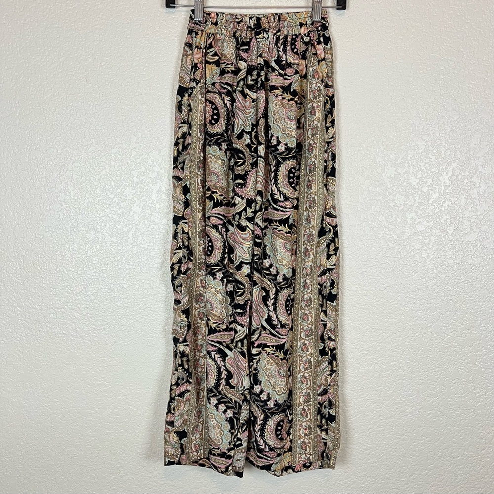 Cienna Black Paisley Boho Print Silk Blend Elastic Waist Wide Leg Pants Small